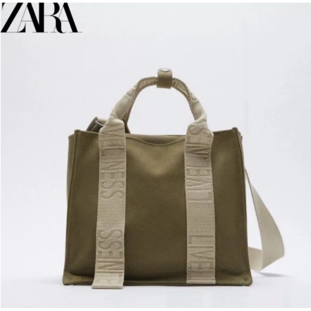 ZARA Olive Green Canvas Tote with Cream Webbing Straps